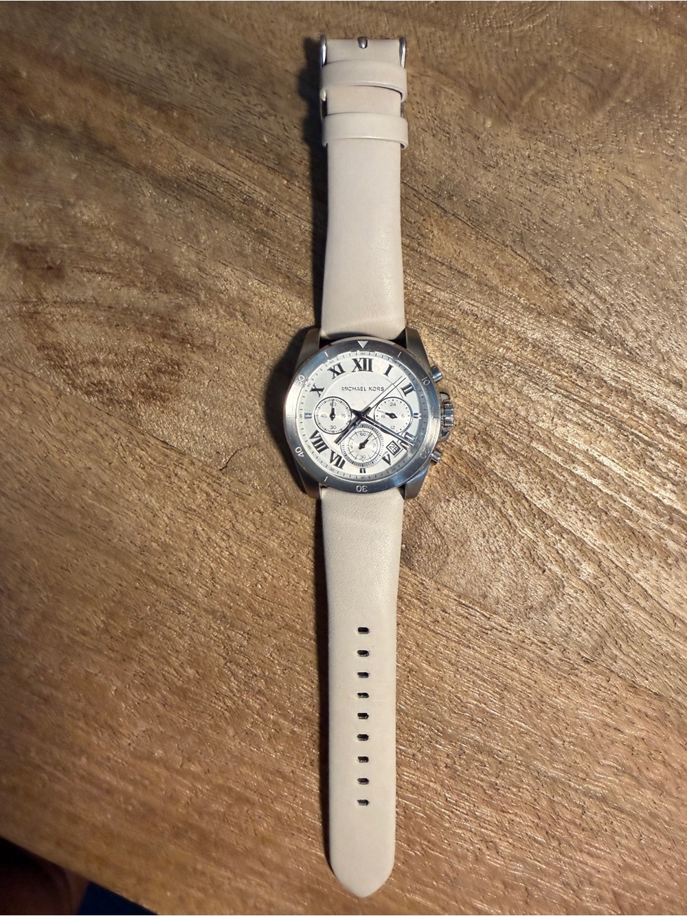 Michael Kors Ivory/Tan Leather Strap Silver-Tone Chronograph Watch